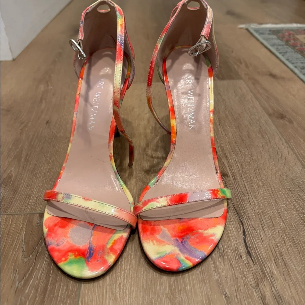 Stuart Weitzman Multicolor Watercolor Print Strappy Heels
